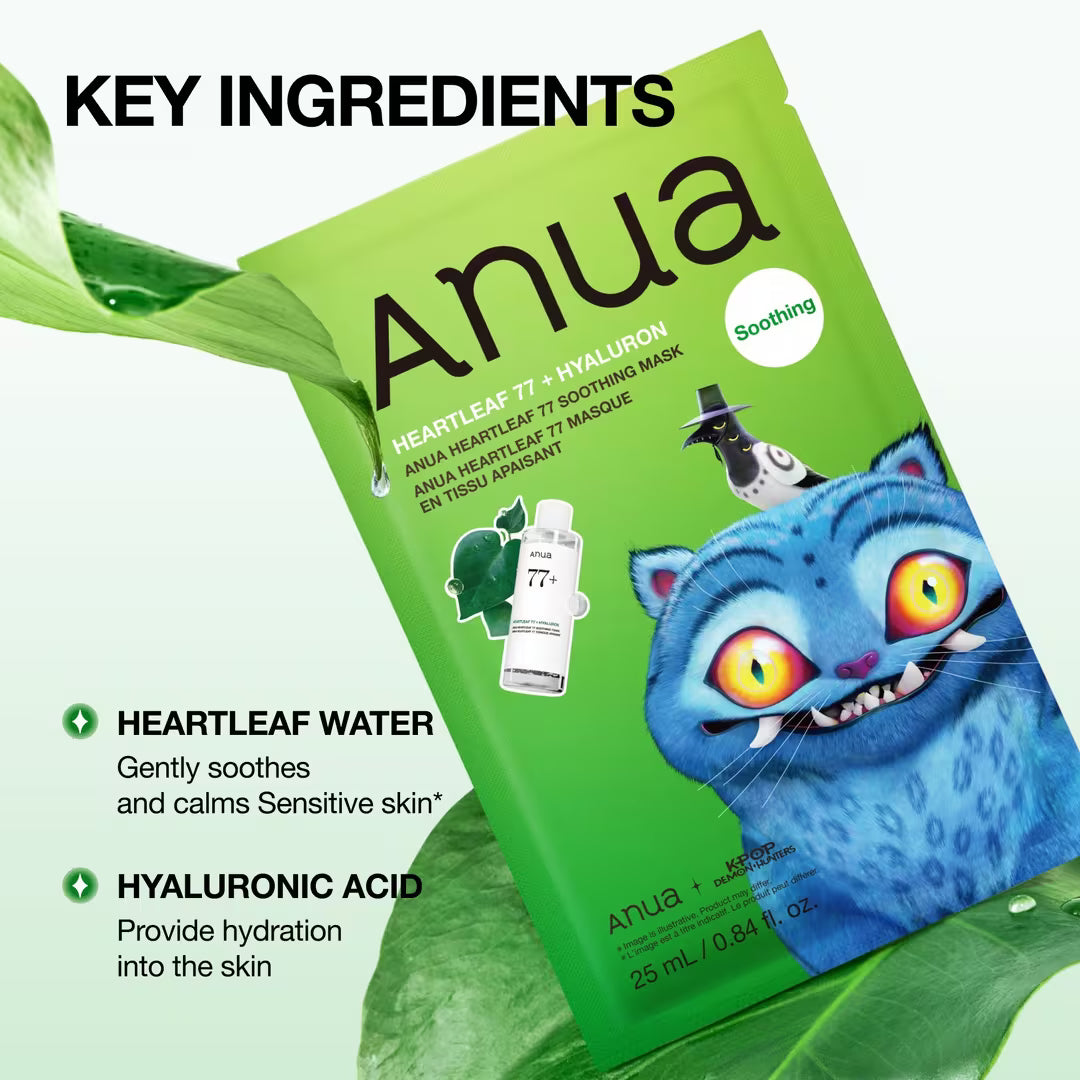 Riboto leidimo raminamoji lakštinė veido kaukė "K-Pop Demon Hunters Heartleaf 77 Soothing Mask"