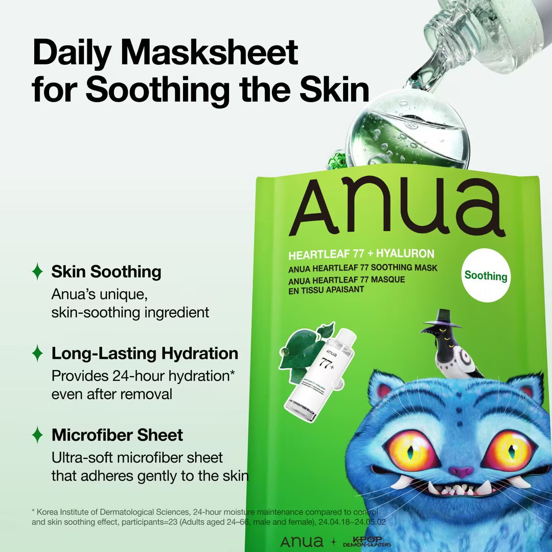 Riboto leidimo raminamoji lakštinė veido kaukė "K-Pop Demon Hunters Heartleaf 77 Soothing Mask"
