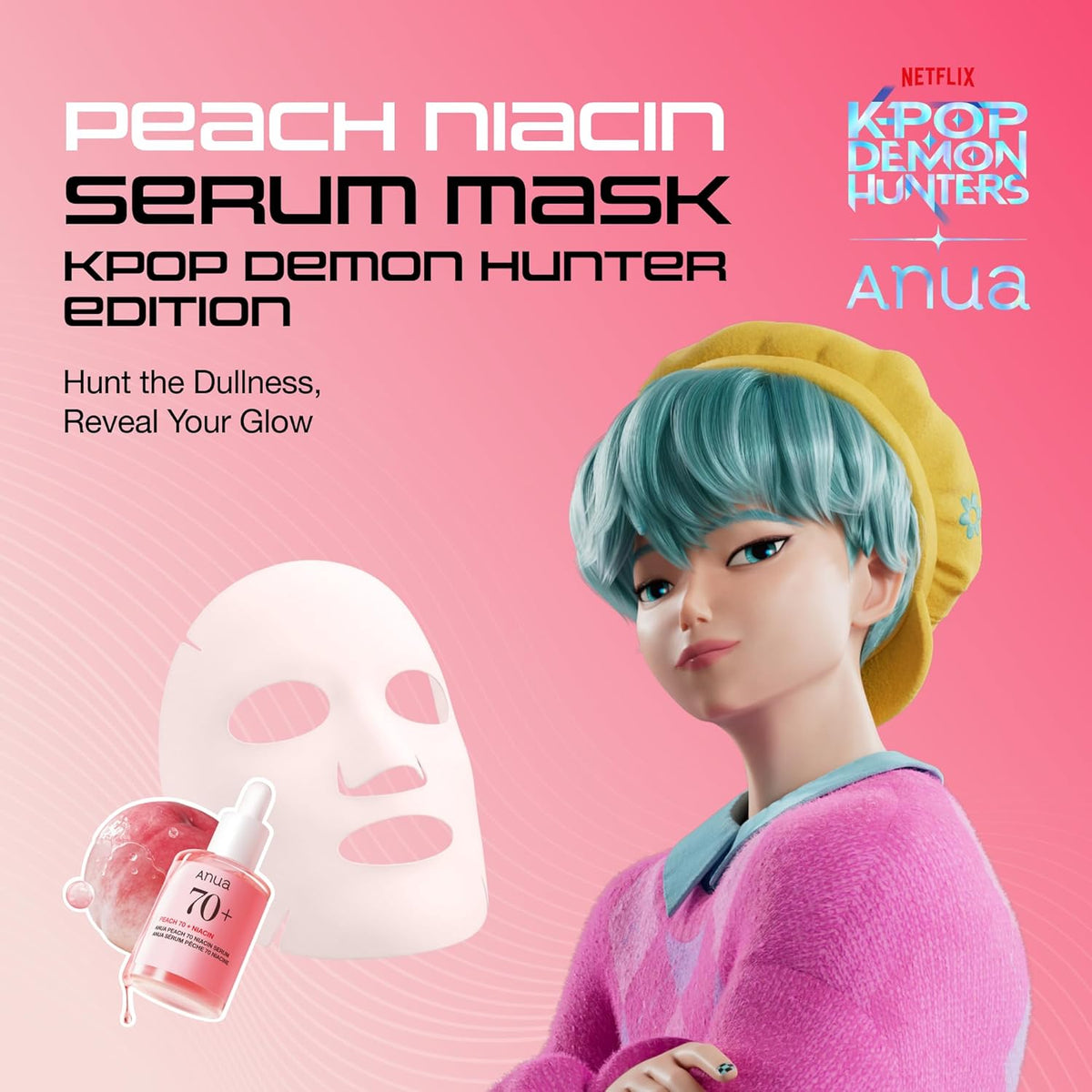 Riboto leidimo skaistinamoji lakštinė veido kaukė "K-Pop Demon Hunters Peach 70 Niacin Serum Mask"