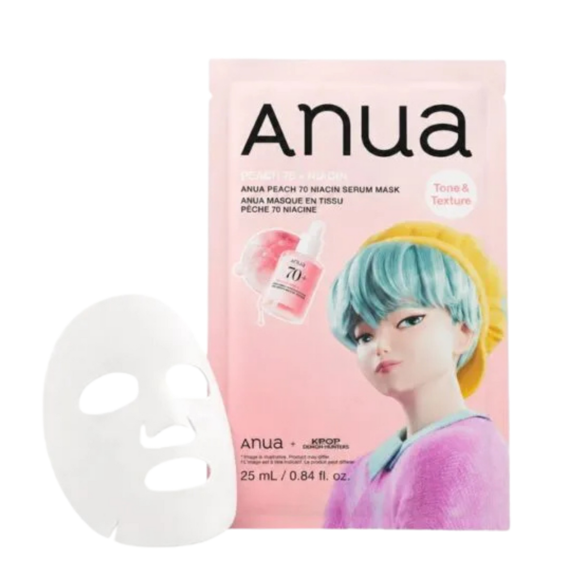 Riboto leidimo skaistinamoji lakštinė veido kaukė "K-Pop Demon Hunters Peach 70 Niacin Serum Mask"