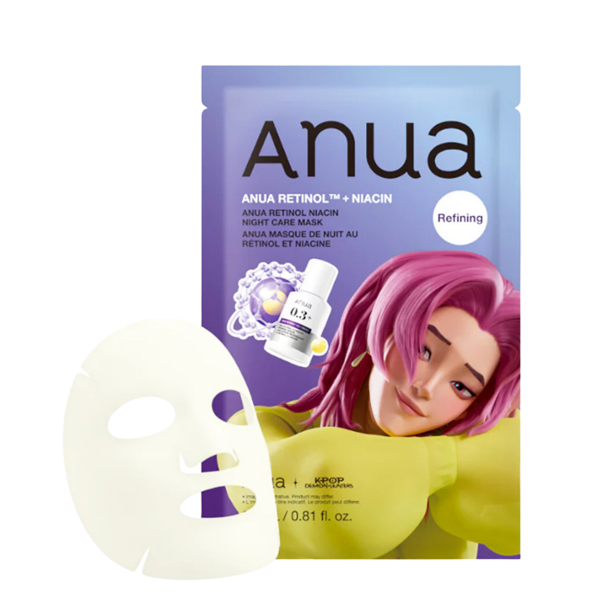 Riboto leidimo lakštinė veido kaukė su retinoliu "K-Pop Demon Hunters Retinol Niacin Night Care Mask"