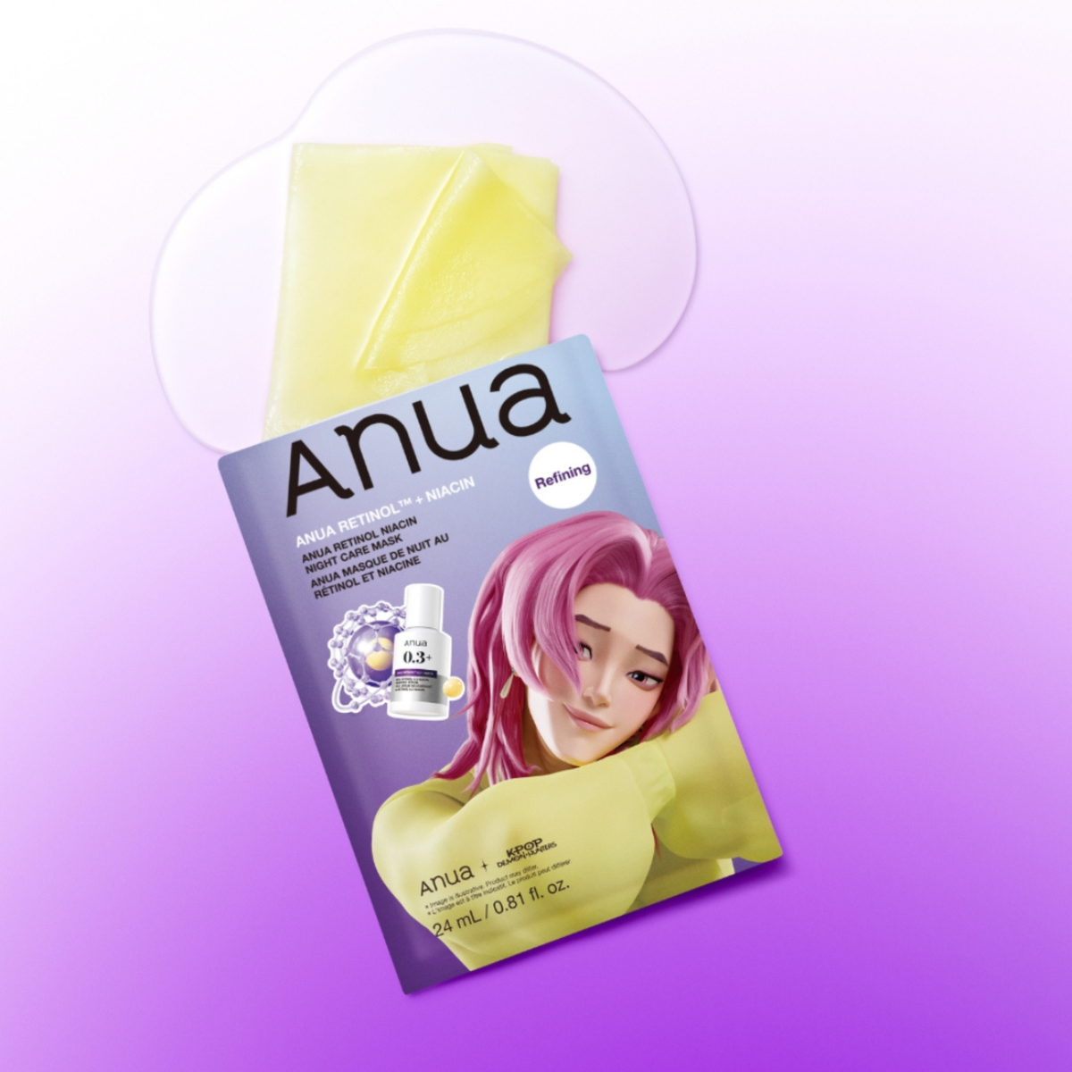 Riboto leidimo lakštinė veido kaukė su retinoliu "K-Pop Demon Hunters Retinol Niacin Night Care Mask"