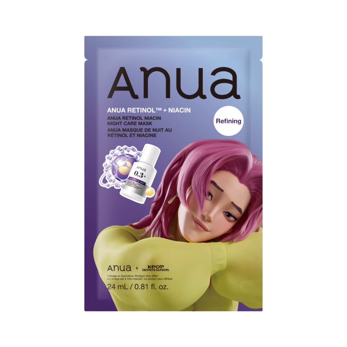 Riboto leidimo lakštinė veido kaukė su retinoliu "K-Pop Demon Hunters Retinol Niacin Night Care Mask"