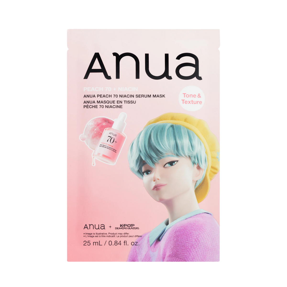 Riboto leidimo skaistinamoji lakštinė veido kaukė "K-Pop Demon Hunters Peach 70 Niacin Serum Mask"