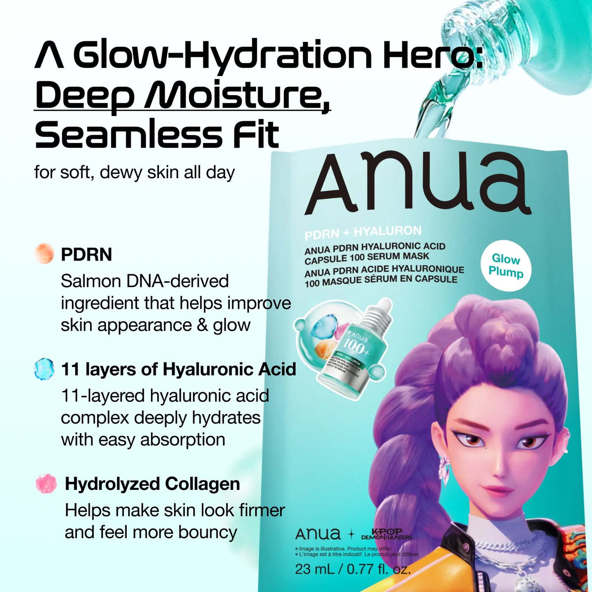 Riboto leidimo lakštinė veido kaukė "K-Pop Demon Hunters PDRN Hyaluronic Acid Capsule 100 Serum Mask"